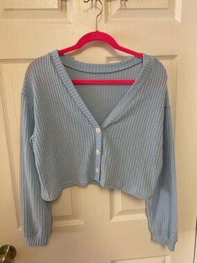 SHEIN Light Blue Waffle Knit Cropped Cardigan